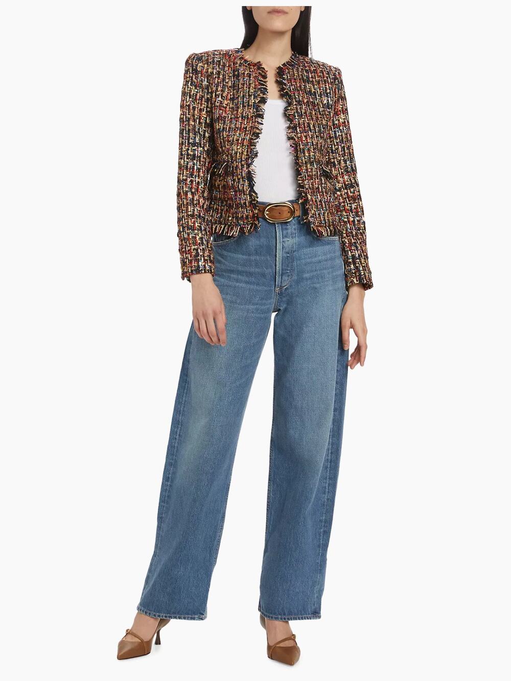 L’Agence Angelina Black Gold Tweed Fringe Jacket Plaid Blazer Size 18